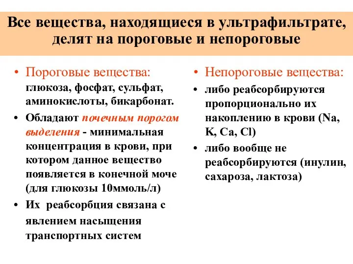 Все вещества, находящиеся в ультрафильтрате, делят на пороговые и непороговые Пороговые