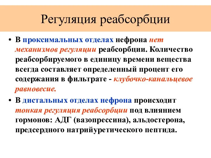 Регуляция реабсорбции В проксимальных отделах нефрона нет механизмов регуляции реабсорбции. Количество