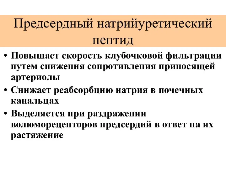 Предсердный натрийуретический пептид Повышает скорость клубочковой фильтрации путем снижения сопротивления приносящей