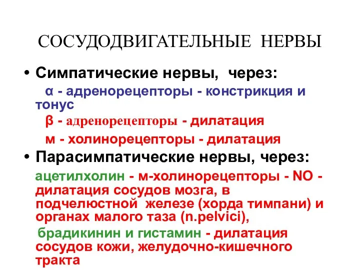 СОСУДОДВИГАТЕЛЬНЫЕ НЕРВЫ Симпатические нервы, через: α - адренорецепторы - констрикция и