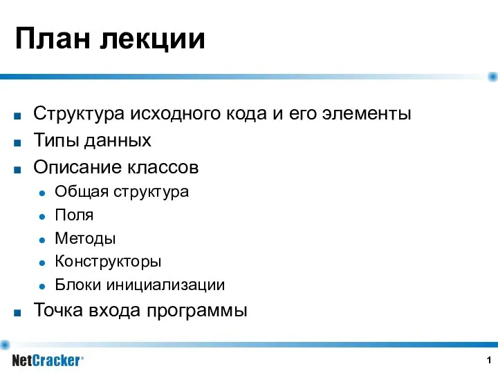 План лекции Структура исходного кода и его элементы Типы данных Описание