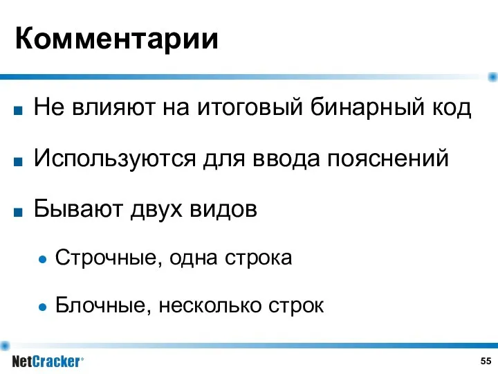 Комментарии Не влияют на итоговый бинарный код Используются для ввода пояснений