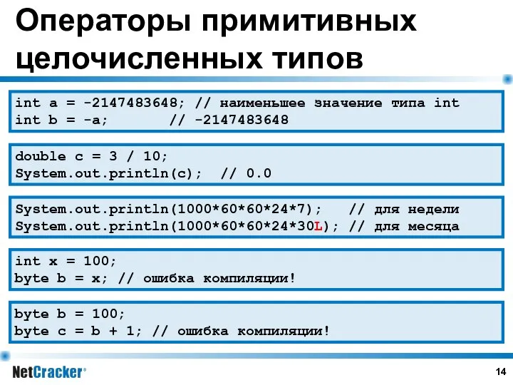 Операторы примитивных целочисленных типов int a = -2147483648; // наименьшее значение