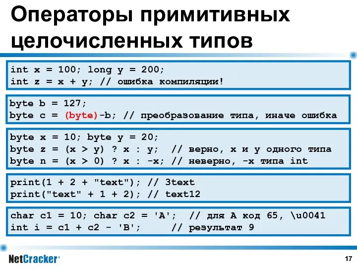 Операторы примитивных целочисленных типов int x = 100; long y =