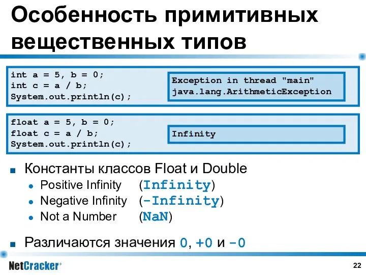 Особенность примитивных вещественных типов Константы классов Float и Double Positive Infinity