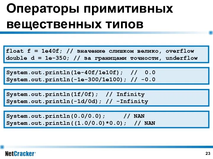 Операторы примитивных вещественных типов float f = 1e40f; // значение слишком