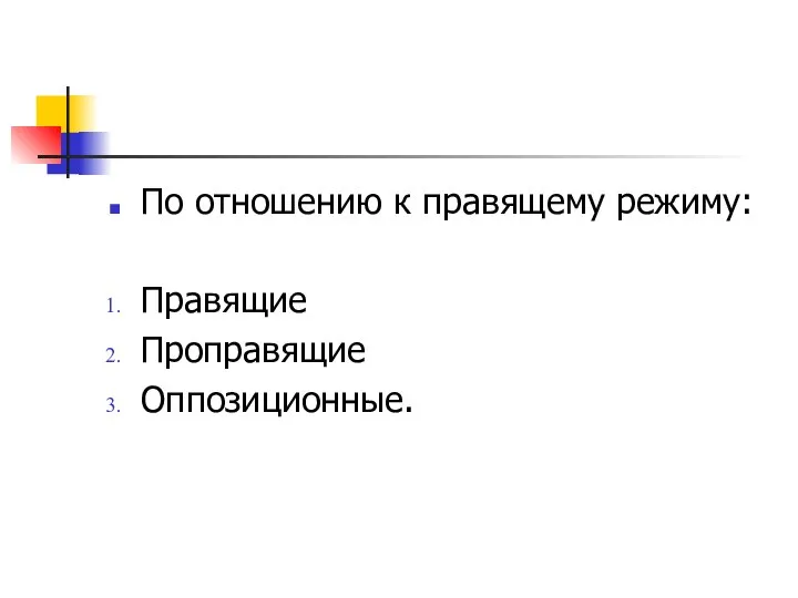 По отношению к правящему режиму: Правящие Проправящие Оппозиционные.