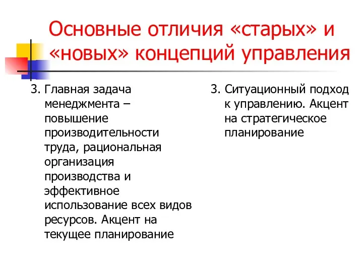 Основные отличия «старых» и «новых» концепций управления 3. Главная задача менеджмента