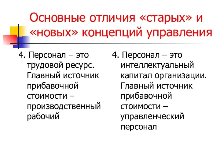 Основные отличия «старых» и «новых» концепций управления 4. Персонал – это