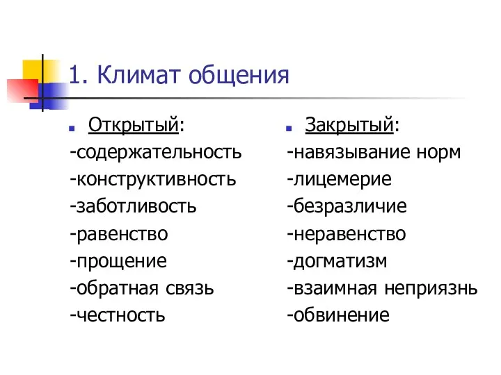 1. Климат общения Открытый: -содержательность -конструктивность -заботливость -равенство -прощение -обратная связь