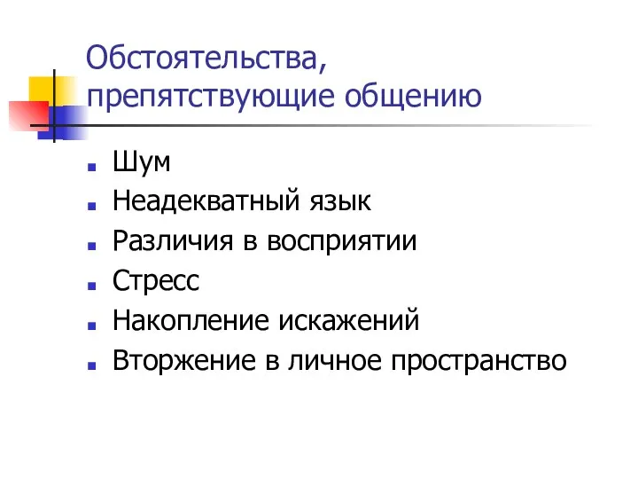 Обстоятельства, препятствующие общению Шум Неадекватный язык Различия в восприятии Стресс Накопление искажений Вторжение в личное пространство