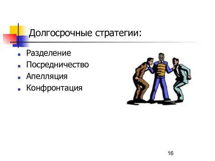 Долгосрочные стратегии: Разделение Посредничество Апелляция Конфронтация