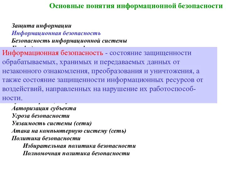 Основные понятия информационной безопасности Защита информации Информационная безопасность Безопасность информационной системы