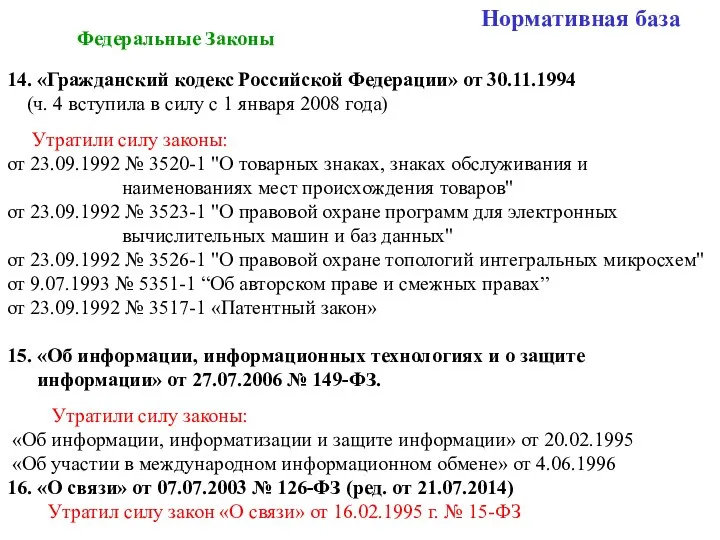 Нормативная база Федеральные Законы 14. «Гражданский кодекс Российской Федерации» от 30.11.1994