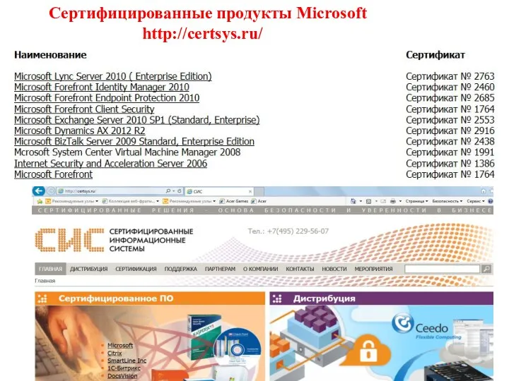 Сертифицированные продукты Microsoft http://certsys.ru/