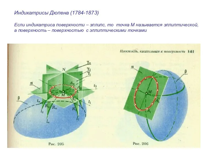 Индикатрисы Дюпена (1784-1873) Если индикатриса поверхности – эллипс, то точка М