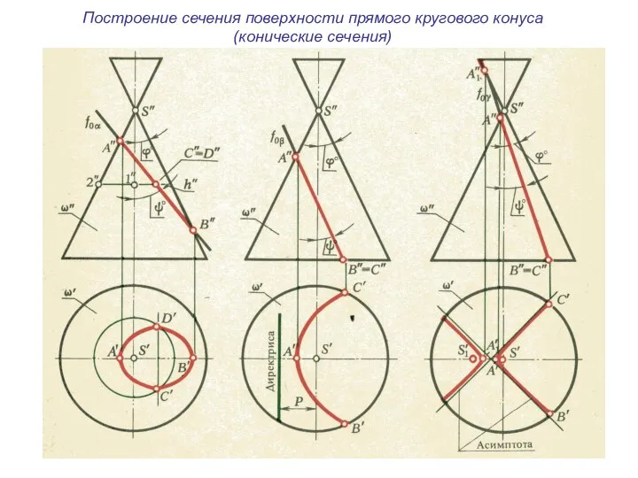 Построение сечения поверхности прямого кругового конуса (конические сечения)