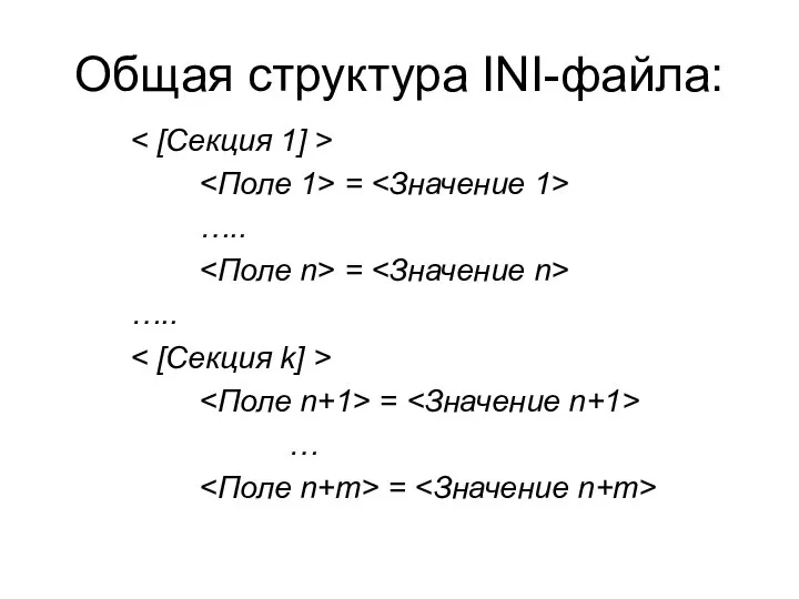 Общая структура INI-файла: = ….. = ….. = … =