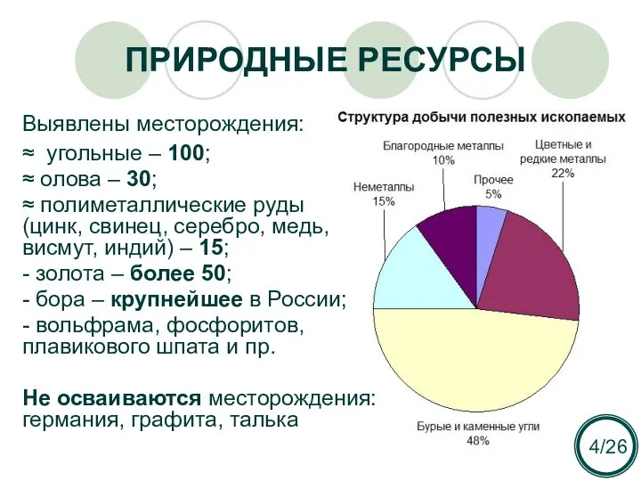 ПРИРОДНЫЕ РЕСУРСЫ Выявлены месторождения: ≈ угольные – 100; ≈ олова –