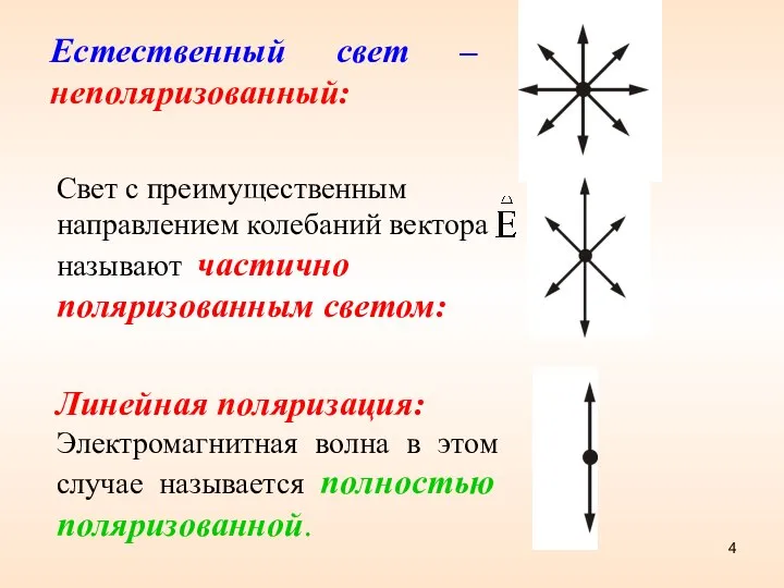 Естественный свет – неполяризованный: Линейная поляризация: Электромагнитная волна в этом случае