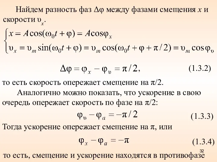 Найдем разность фаз Δφ между фазами смещения х и скорости υx.