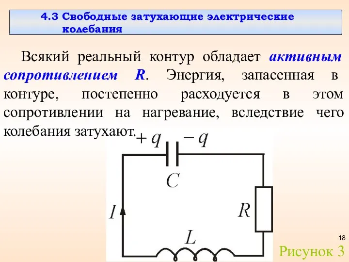 4.3 Свободные затухающие электрические колебания Всякий реальный контур обладает активным сопротивлением