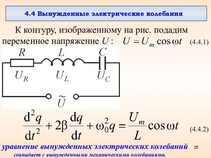 4.4 Вынужденные электрические колебания К контуру, изображенному на рис. подадим переменное