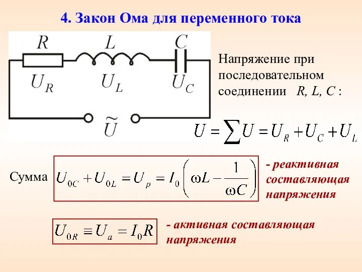 4. Закон Ома для переменного тока Напряжение при последовательном соединении R,