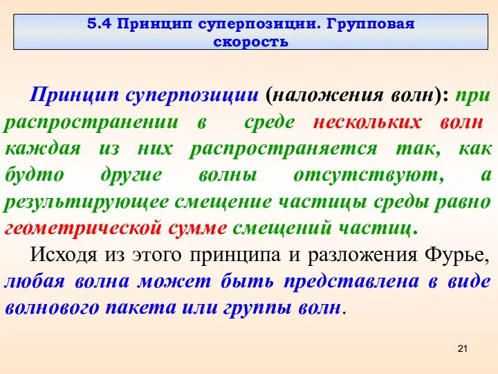 5.4 Принцип суперпозиции. Групповая скорость Принцип суперпозиции (наложения волн): при распространении