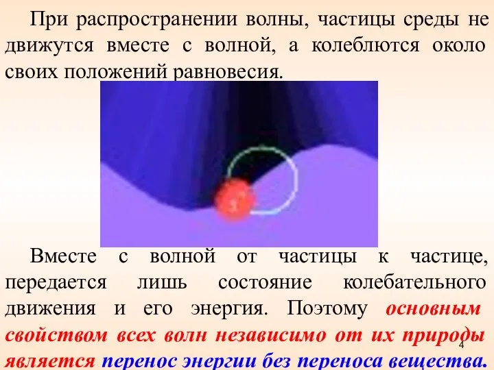 При распространении волны, частицы среды не движутся вместе с волной, а