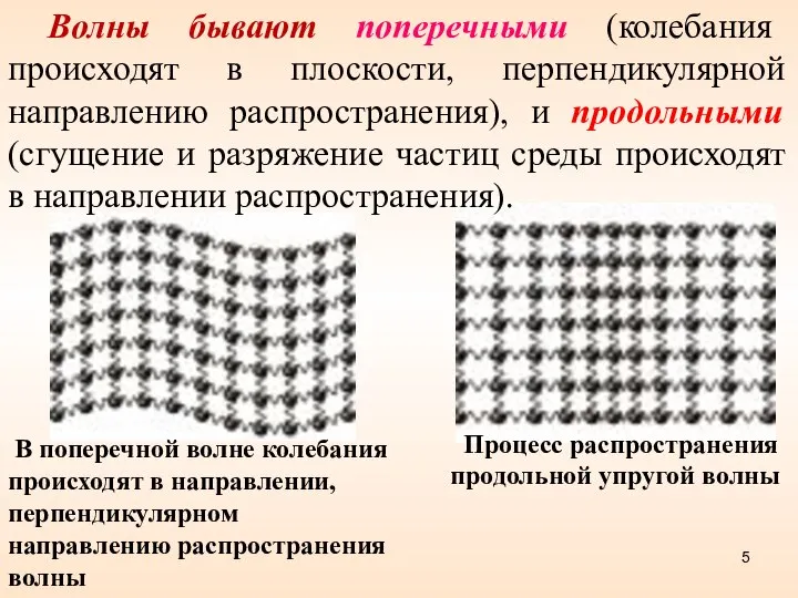 Волны бывают поперечными (колебания происходят в плоскости, перпендикулярной направлению распространения), и