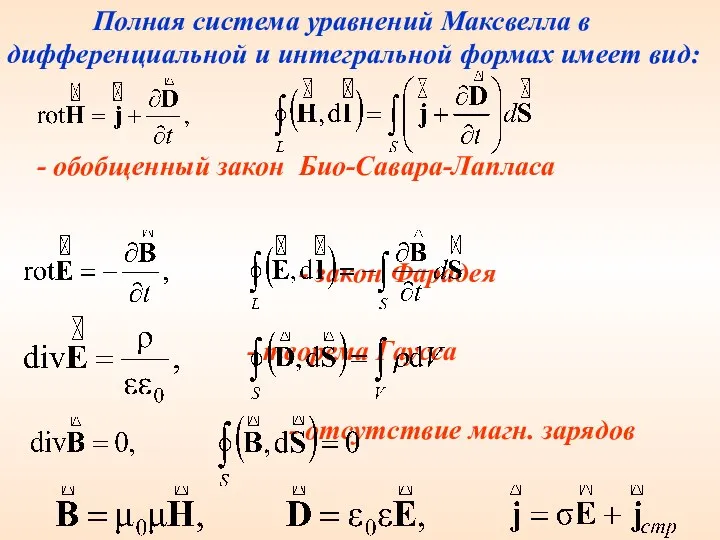 Полная система уравнений Максвелла в дифференциальной и интегральной формах имеет вид: