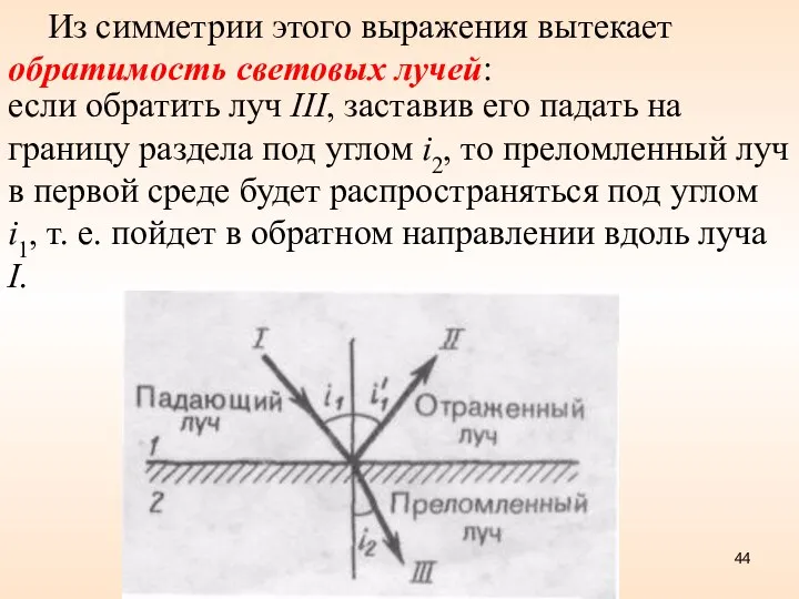 Из симметрии этого выражения вытекает обратимость световых лучей: если обратить луч