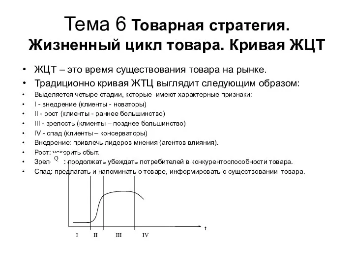 Тема 6 Товарная стратегия. Жизненный цикл товара. Кривая ЖЦТ ЖЦТ –