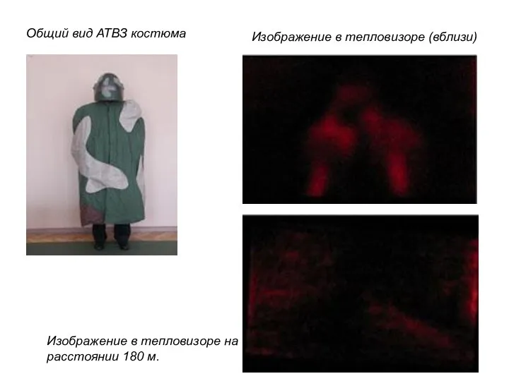 Общий вид АТВЗ костюма Изображение в тепловизоре (вблизи) Изображение в тепловизоре на расстоянии 180 м.