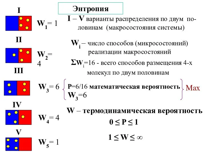 Энтропия W1= 1 W2= 4 W3= 6 W4= 4 W5= 1