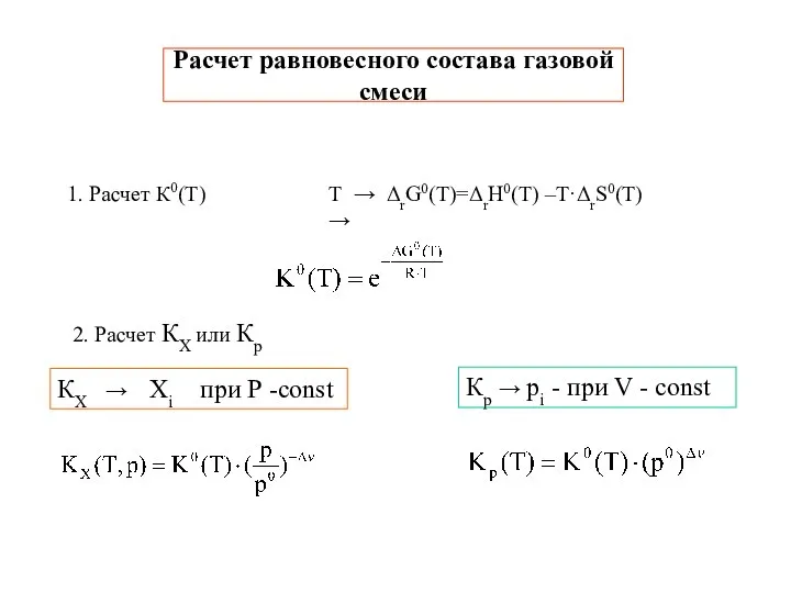 Расчет равновесного состава газовой смеси 1. Расчет К0(Т) Т → ΔrG0(T)=ΔrH0(T)