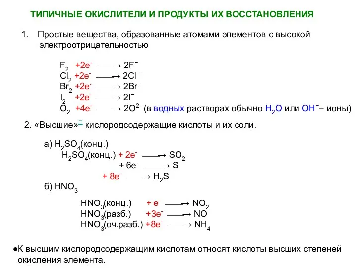 ТИПИЧНЫЕ ОКИСЛИТЕЛИ И ПРОДУКТЫ ИХ ВОССТАНОВЛЕНИЯ Простые вещества, образованные атомами элементов