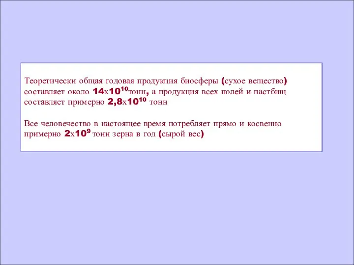 Теоретически общая годовая продукция биосферы (сухое вещество) составляет около 14х1010тонн, а