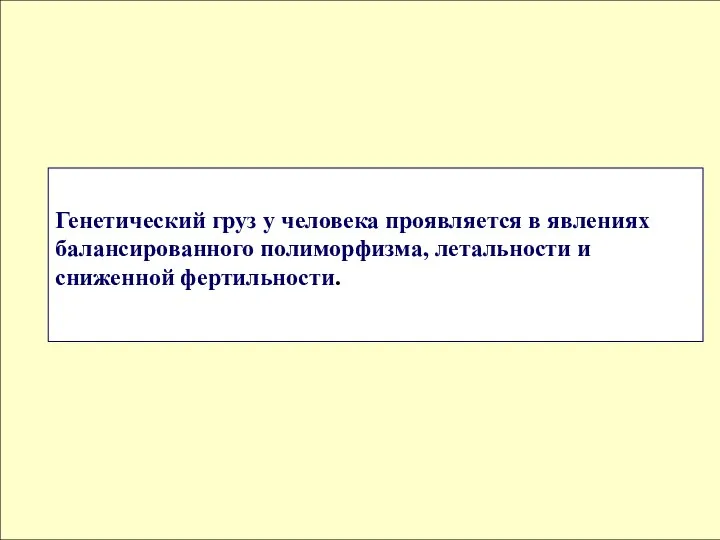 Генетический груз у человека проявляется в явлениях балансированного полиморфизма, летальности и сниженной фертильности.