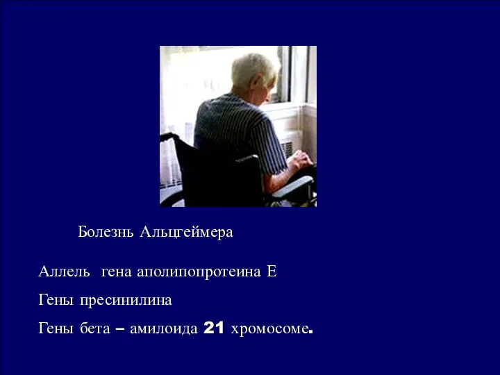 Болезнь Альцгеймера Аллель гена аполипопротеина Е Гены пресинилина Гены бета – амилоида 21 хромосоме.