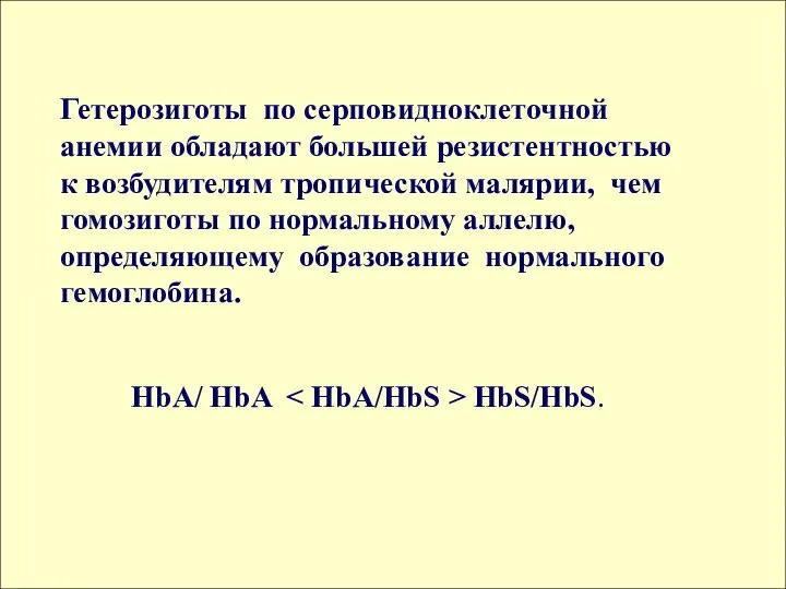 Гетерозиготы по серповидноклеточной анемии обладают большей резистентностью к возбудителям тропической малярии,