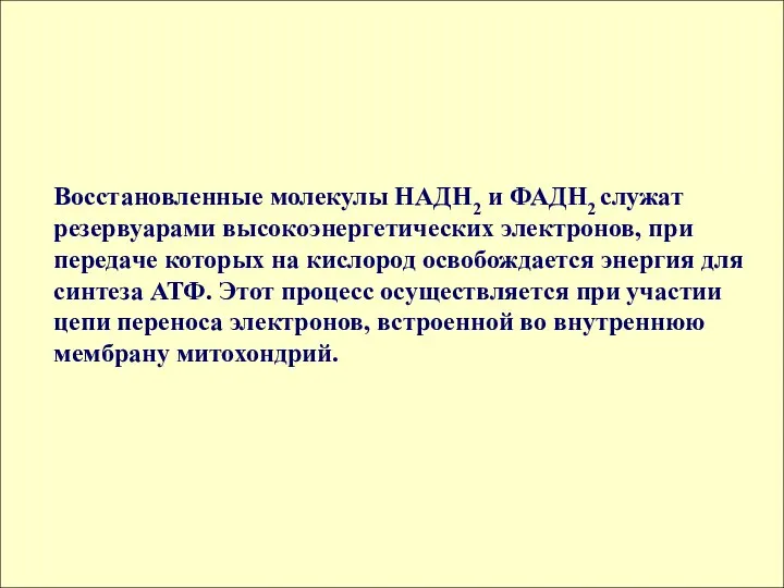 Восстановленные молекулы НАДН2 и ФАДН2 служат резервуарами высокоэнергетических электронов, при передаче