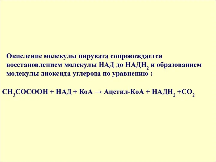 СН3СОСООН + НАД + КоА → Ацетил-КоА + НАДН2 +СО2 Окисление