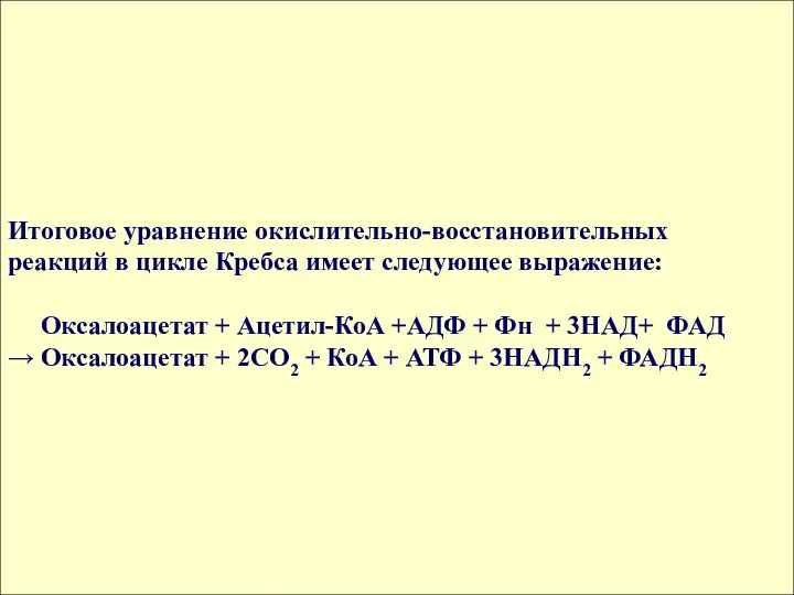 Итоговое уравнение окислительно-восстановительных реакций в цикле Кребса имеет следующее выражение: Оксалоацетат