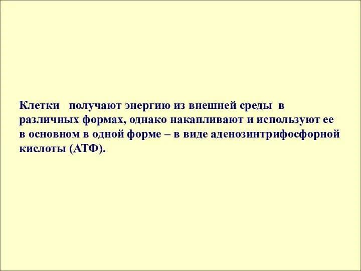 Клетки получают энергию из внешней среды в различных формах, однако накапливают