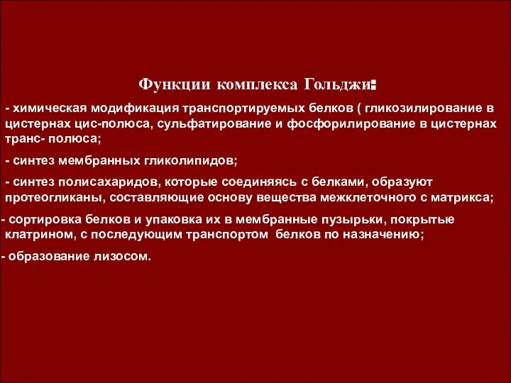 Функции комплекса Гольджи: - химическая модификация транспортируемых белков ( гликозилирование в