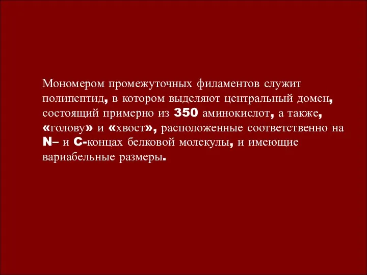 Мономером промежуточных филаментов служит полипептид, в котором выделяют центральный домен, состоящий