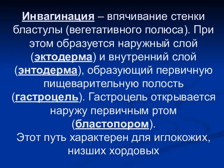 Инвагинация – впячивание стенки бластулы (вегетативного полюса). При этом образуется наружный