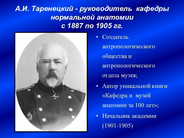 А.И. Таренецкий - руководитель кафедры нормальной анатомии с 1887 по 1905